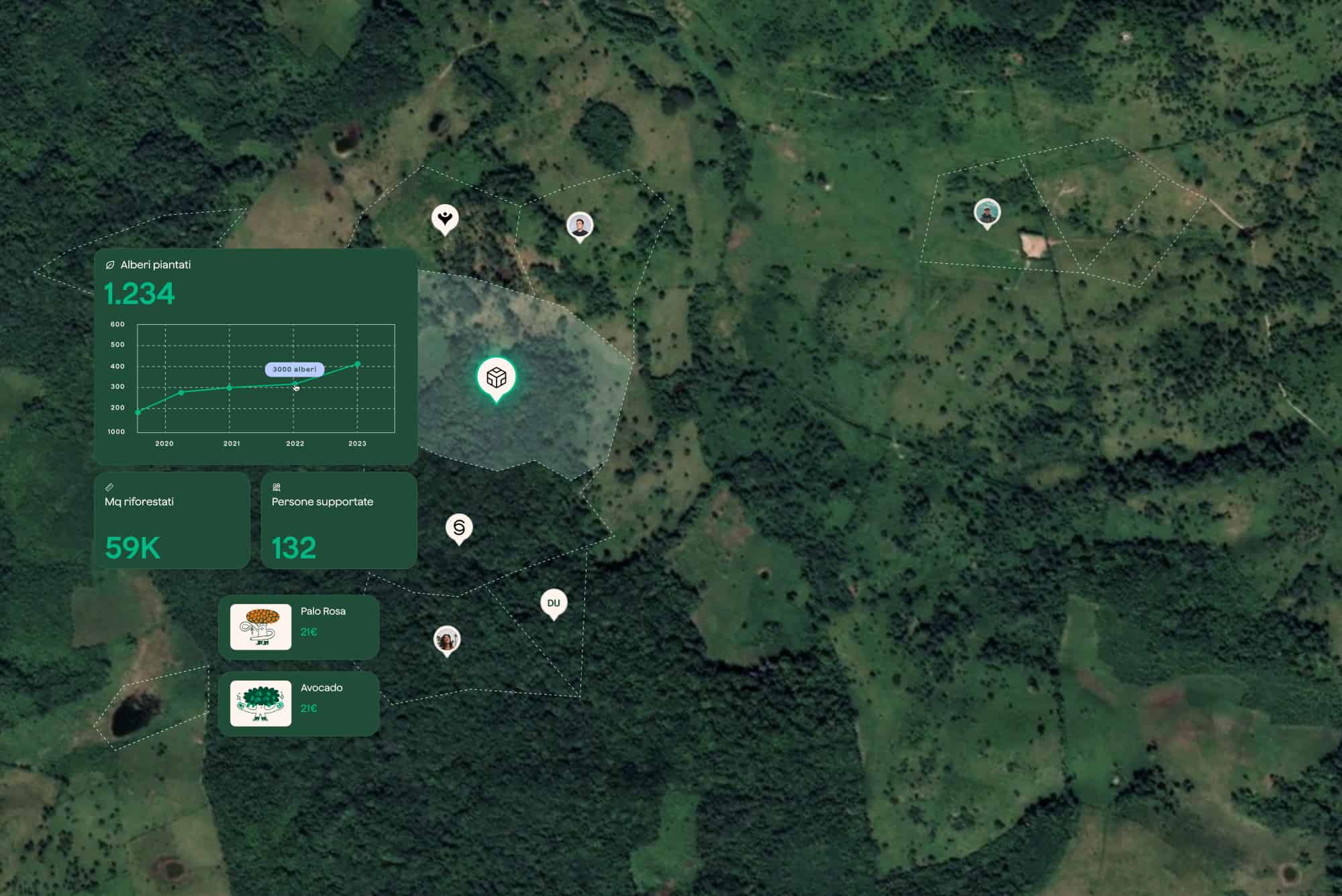 Dashboard della piattaforma zeroCO2 con le aree riforestate viste dal satellite
